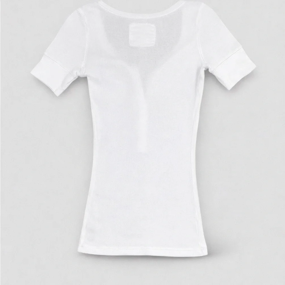 Y2K Abercrombie White Ribbed Henley Baby Tee Moose Logo Fitted XS/S (Kids XL) - Picture 2 of 6